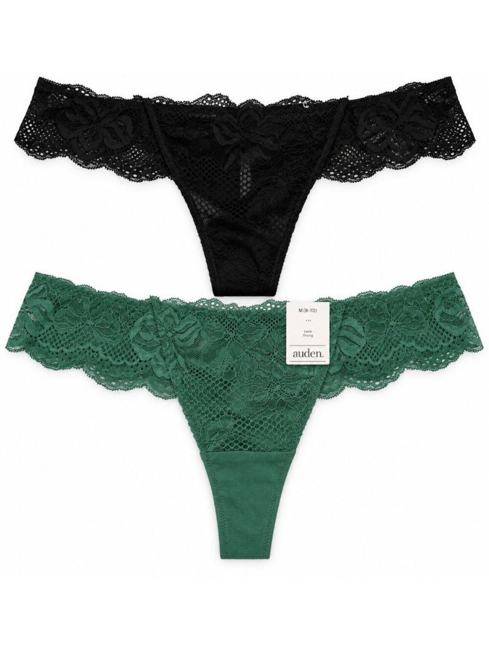 Auden M (8-10) Lace Thong 2-Pack Black & Green Floral Stretchy Lingerie
